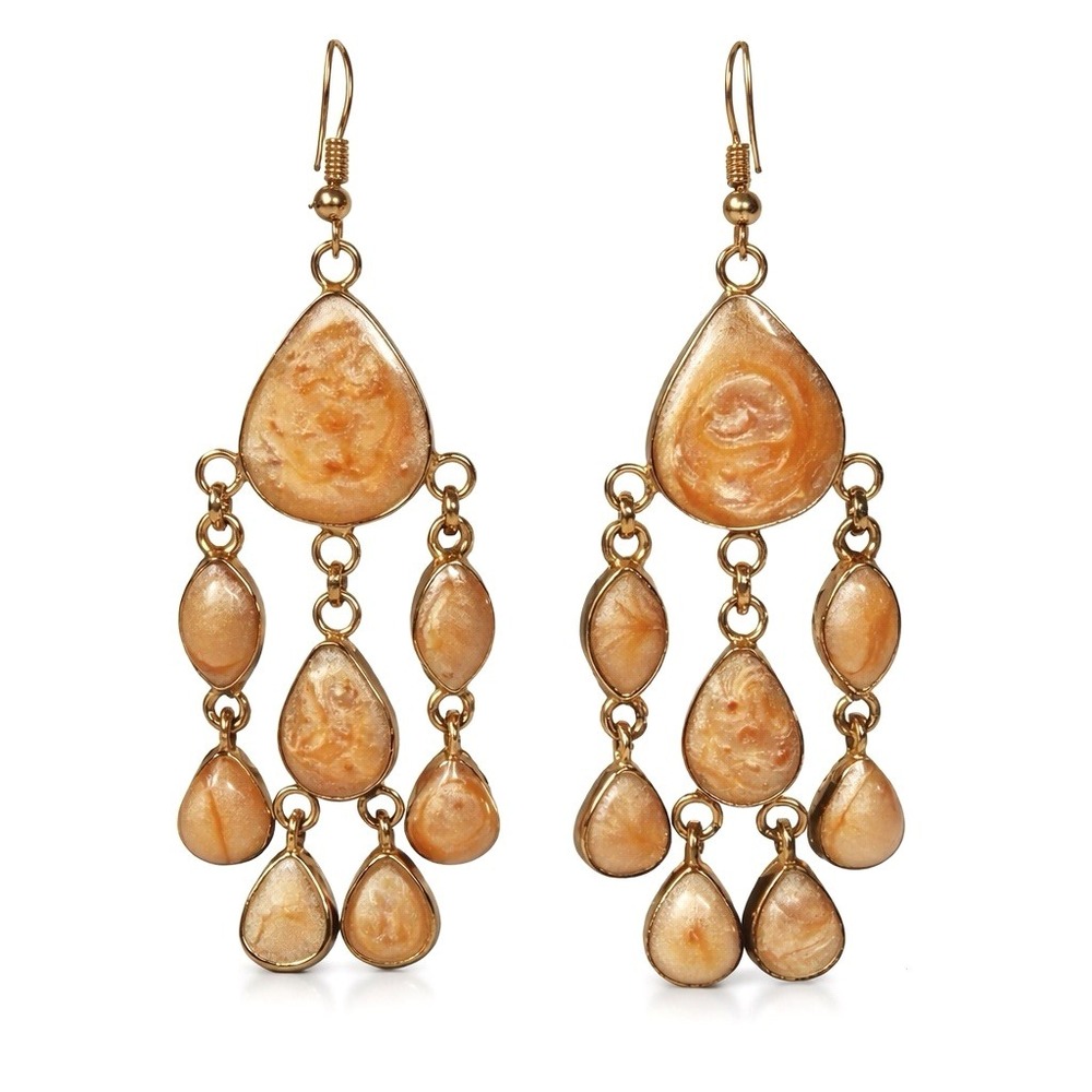 Boho Peach Marbled Resin Gold Tone Chandelier Dangle Earrings Statement Festival